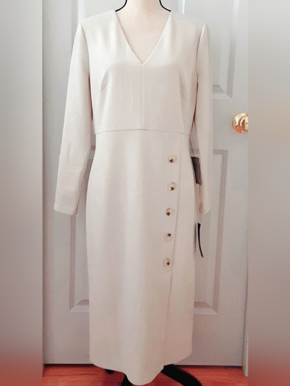 Maggy London V-neck Long Sleeve Lined Dress Size 12 Textured Ivory